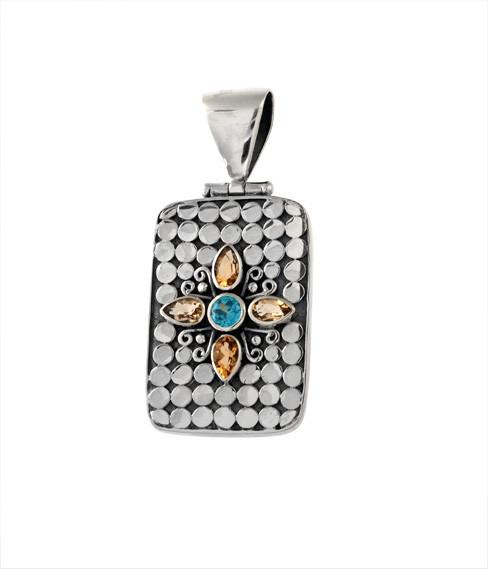 Sterling Silver Rectangular Pendant With Blue Topaz Quartz And Citrine Quartz Star Design