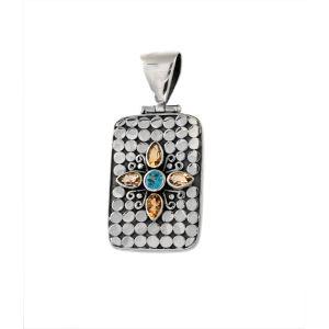 Sterling Silver Rectangular Pendant With Blue Topaz Quartz And Citrine Quartz Star Design