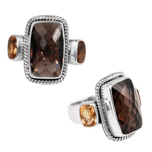 Sterling Silver handcrafted ring with Smokey Quartz and Citrine Quartz wholesale from Bali, Indonesia