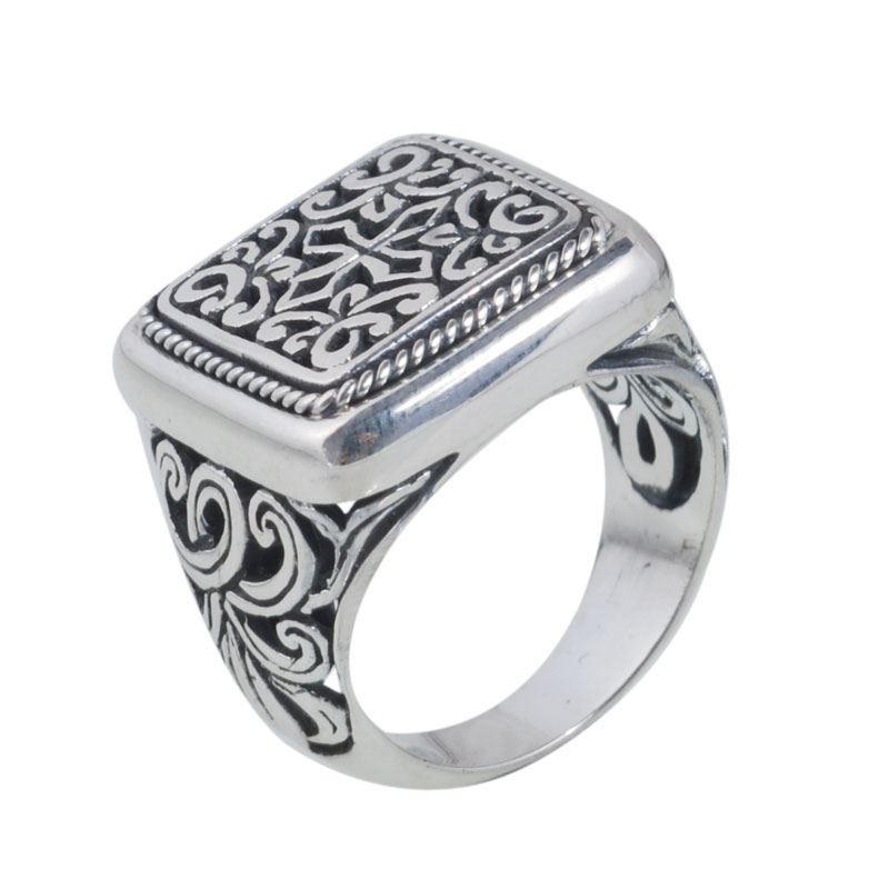 Wholesale sterling silver rectangular scroll pattern men’s ring handcrafted in Bali.
