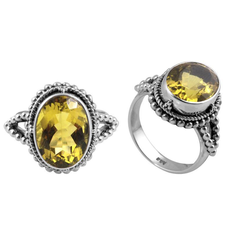 Sterling Silver Lemon Quartz Oval Beaded Statement Ring with Intricate Bali Detailing