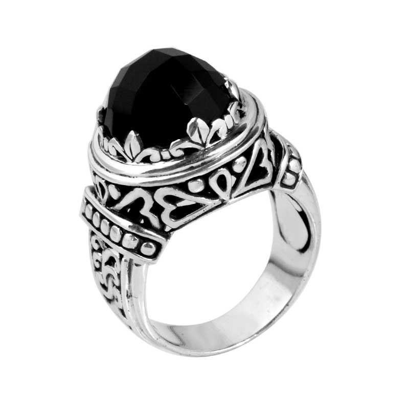Sterling Silver Black Onyx Ornate Oval Ring with Detailed Bali Carved Silverwork