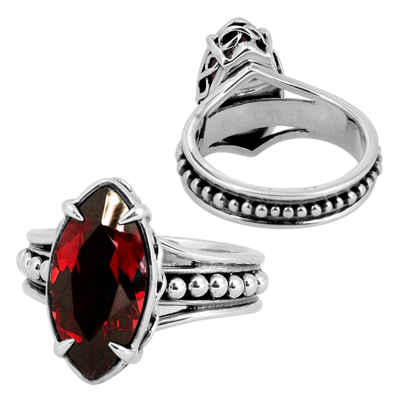 Wholesale Sterling Silver Garnet Quartz Ring With Marquise Cut & Beaded Band Design Handcrafted In Bali