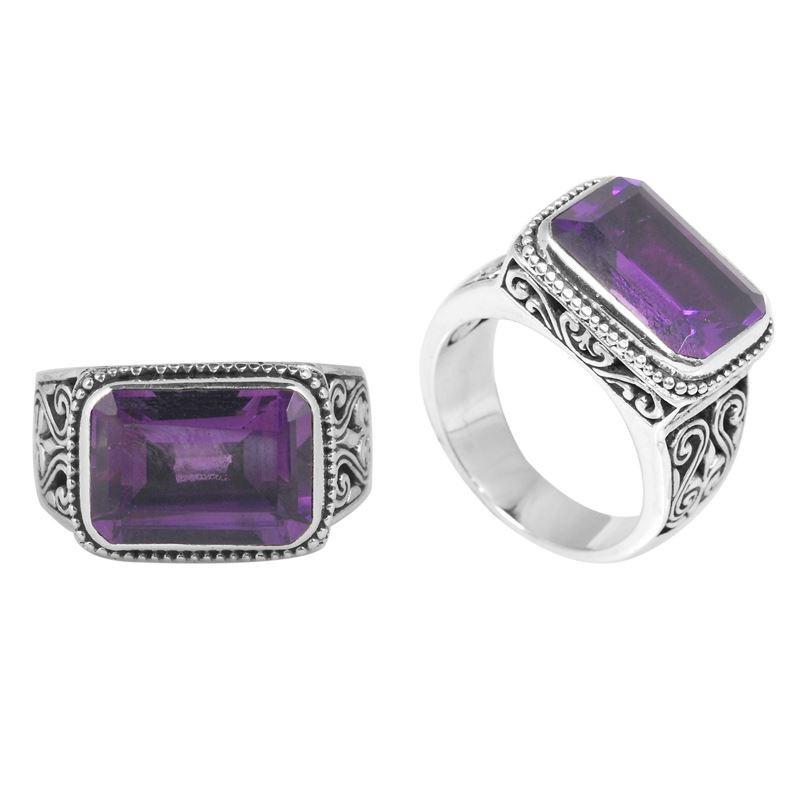 Wholesale Sterling Silver Amethyst Quartz Ring With Rectangular Cut & Balinese Scroll Design Handcrafted In Bali
