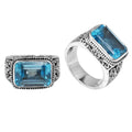 Wholesale Sterling Silver Blue Topaz Quartz Ring With Rectangular Cut & Balinese Scroll Design Handcrafted In Bali