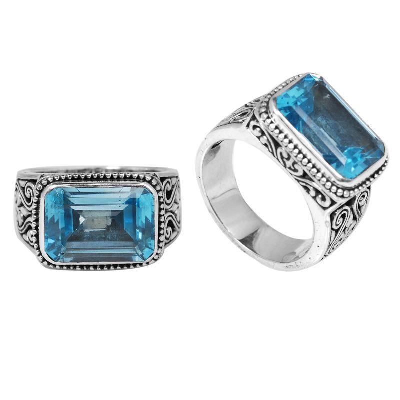 Wholesale Sterling Silver Blue Topaz Quartz Ring With Rectangular Cut & Balinese Scroll Design Handcrafted In Bali