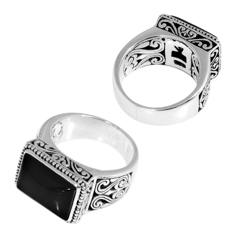 Wholesale Sterling Silver Black Onyx Ring With Rectangular Cabochon & Balinese Scroll Design Handcrafted In Bali