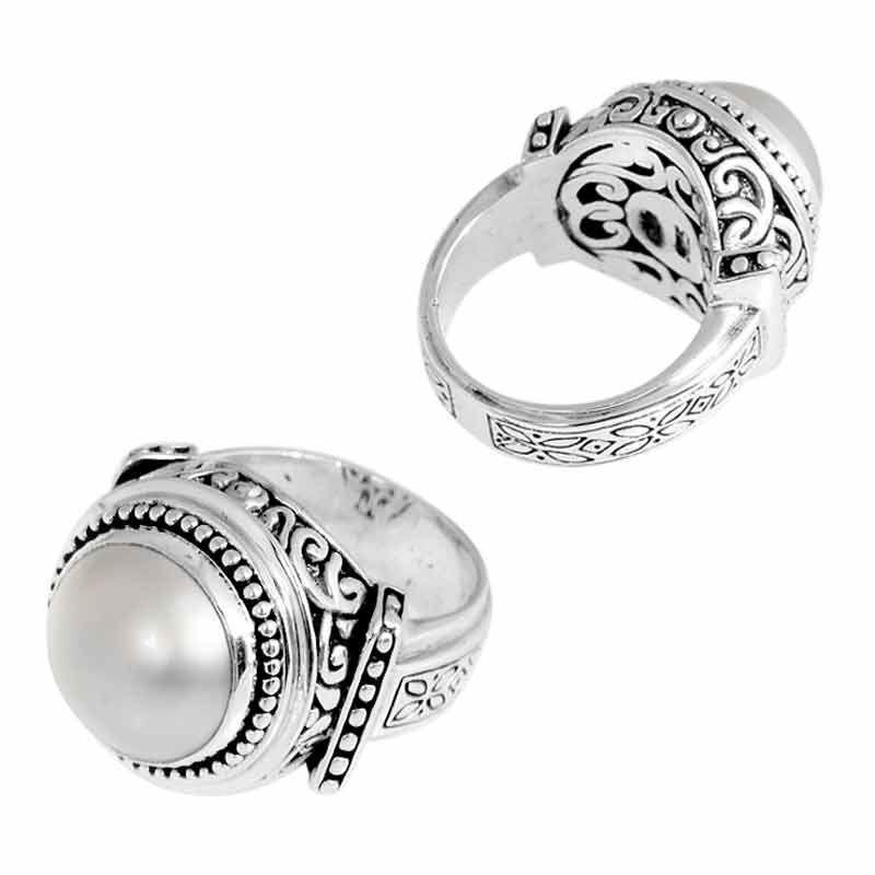 Wholesale Sterling Silver Mother Of Pearl Ring With Round Cabochon & Balinese Beaded Design Handcrafted In Bali