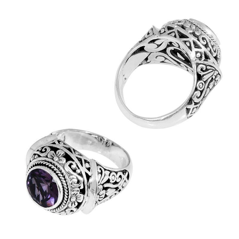 Wholesale Sterling Silver Amethyst Quartz Ring With Round Cut & Balinese Floral Filigree Design Handcrafted In Bali