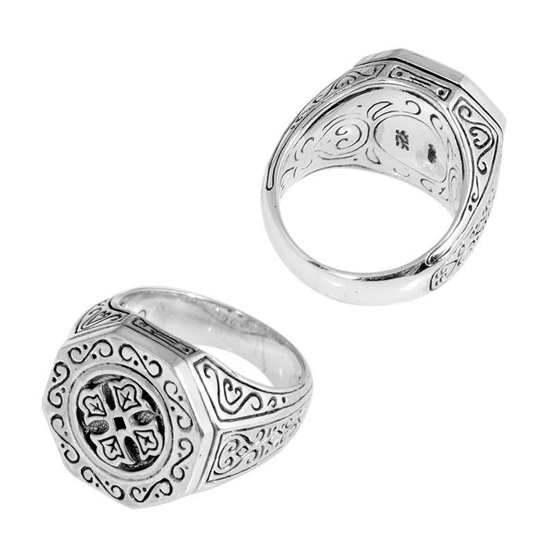 Wholesale Sterling Silver Hexagonal Signet Ring With Engraved Cross & Balinese Scroll Design Handcrafted In Bali