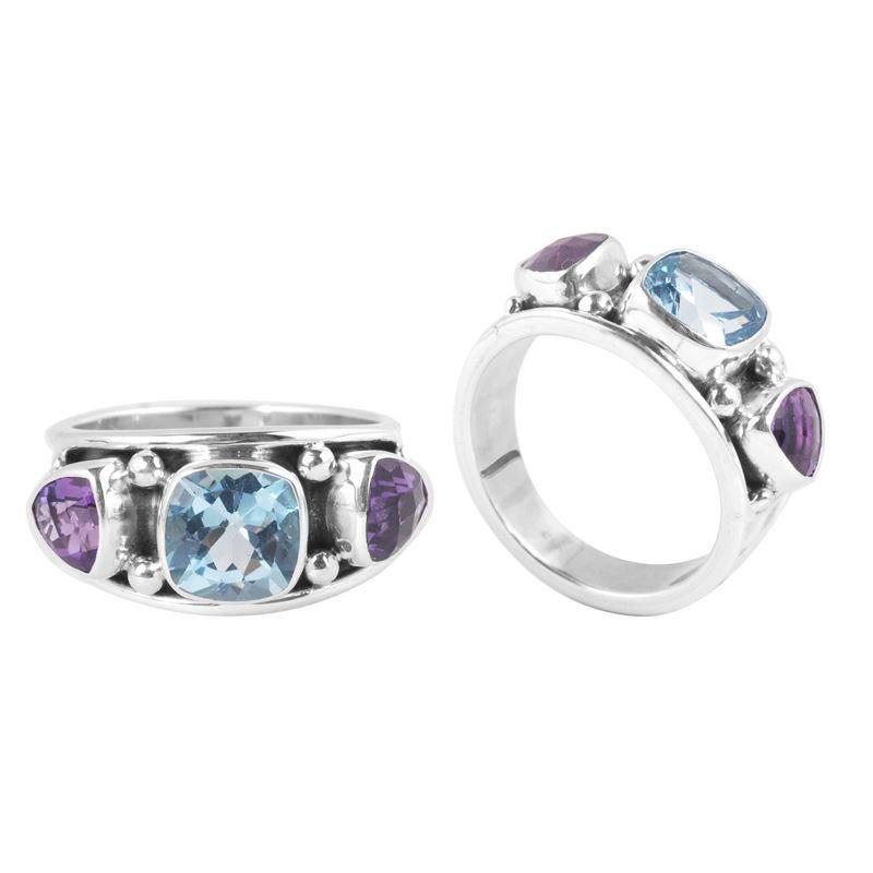 Wholesale Sterling Silver Blue Topaz Quartz & Amethyst Quartz Ring With Triple-Stone Setting Handcrafted In Bali