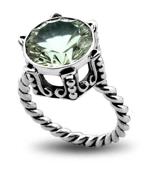 Wholesale Sterling Silver Green Amethyst Quartz Ring With Twisted Rope Band & Ornate Crown Setting Handcrafted In Bali