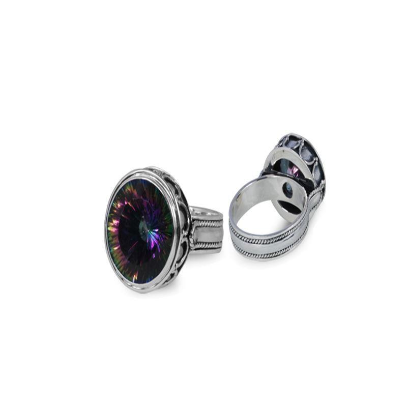 Sterling Silver Mystic Quartz Round Designer Ring With Rope Detailing, Mirror Polished Oxidized Finish