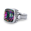 Sterling Silver Mystic Quartz Cushion Designer Ring With Beaded Band, Mirror Polished Oxidized Finish