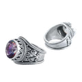 Sterling Silver Mystic Quartz Round Designer Ring With Ornate Band, Mirror Polished Oxidized Finish