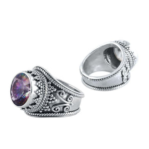 Sterling Silver Mystic Quartz Round Designer Ring With Ornate Band, Mirror Polished Oxidized Finish