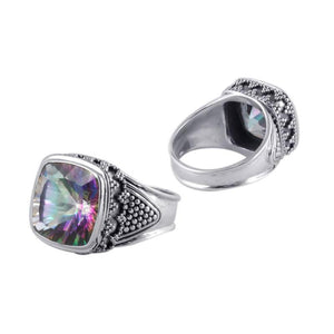 Sterling Silver Mystic Quartz Cushion Designer Ring With Granulated Texture, Mirror Polished Oxidized Finish