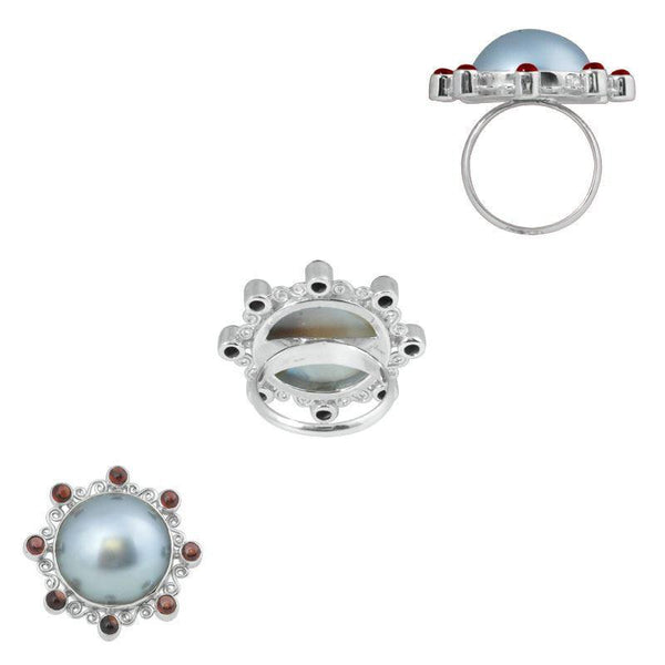 SR-6072-CO1-6" Sterling Silver Ring With Garnet, Gray Mabe Pearl Jewelry Bali Designs Inc 