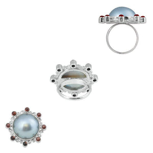 Sterling Silver Ring With Gray Mabe Pearl, And Garnet Quartz, Filigree Designer Ring, Antique Oxidized Finish