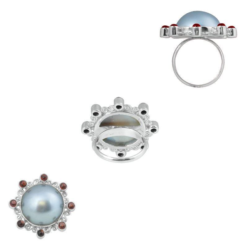 SR-6072-CO1-8" Sterling Silver Ring With Garnet, Gray Mabe Pearl Jewelry Bali Designs Inc 