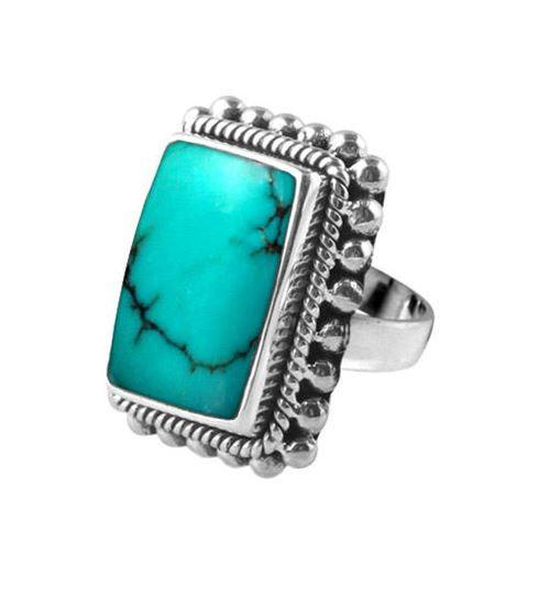 Sterling Silver Turquoise Shell Rectangle Designer Ring With Beaded Frame, Mirror Polished Antique Finish