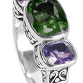 Sterling Silver Ring With Green And Amethyst Quartz, Three Stone Designer Ring, Mirror Polished Antique Finish