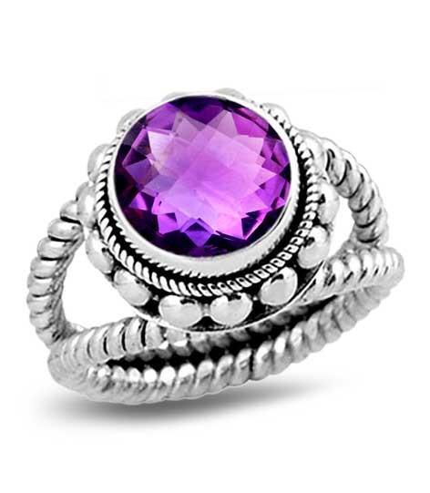 Sterling Silver Ring With Amethyst Quartz, Rope Band Designer Ring, Mirror Polished Antique Finish