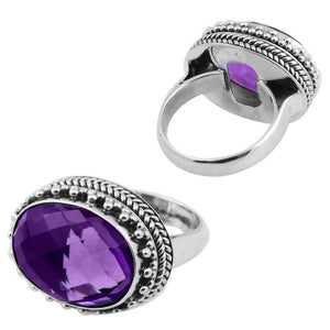 Sterling Silver Ring With Amethyst Quartz, Oval Beaded Designer Ring, Antique Oxidized Finish
