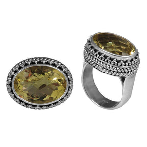 Sterling Silver Ring With Lemon Quartz, Oval Beaded Designer Ring, Antique Oxidized Finish