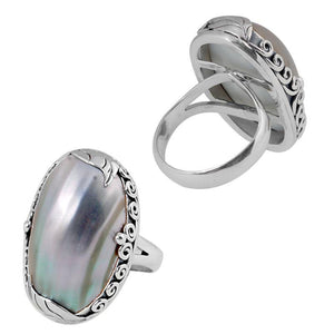 Sterling Silver Ring With Cokle Shell, Oval Scrollwork Designer Ring, Mirror Polished Antique Finish