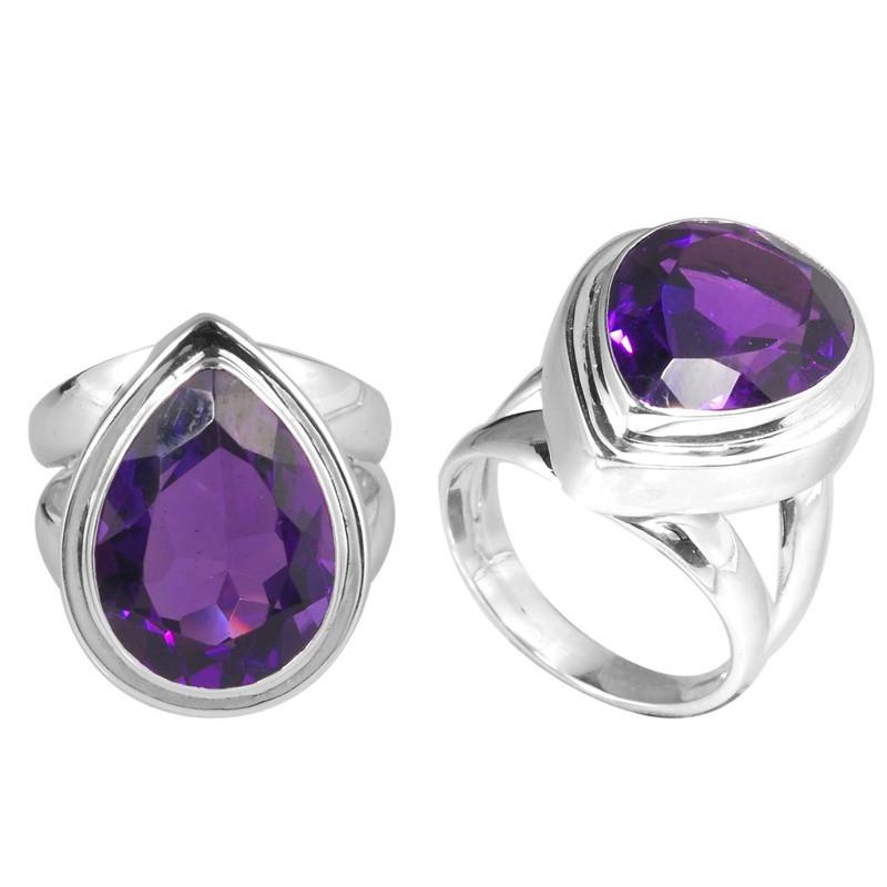 Sterling Silver Ring With Amethyst Quartz, Teardrop Bezel Designer Ring, Mirror Polished Finish