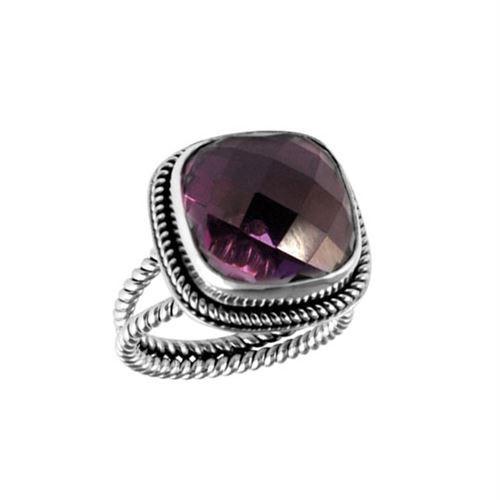 Sterling Silver Ring With Amethyst Quartz, Cushion Rope Frame Designer Ring, Mirror Polished Silver Finish