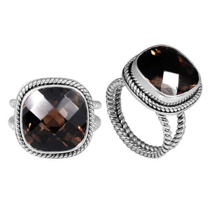 Sterling Silver Ring With Smoky Quartz, Cushion Rope Frame Designer Ring, Mirror Polished Silver Finish