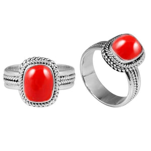 Sterling silver Red Coral cushion ring with braided rope detailing, handcrafted wholesale jewelry from Bali