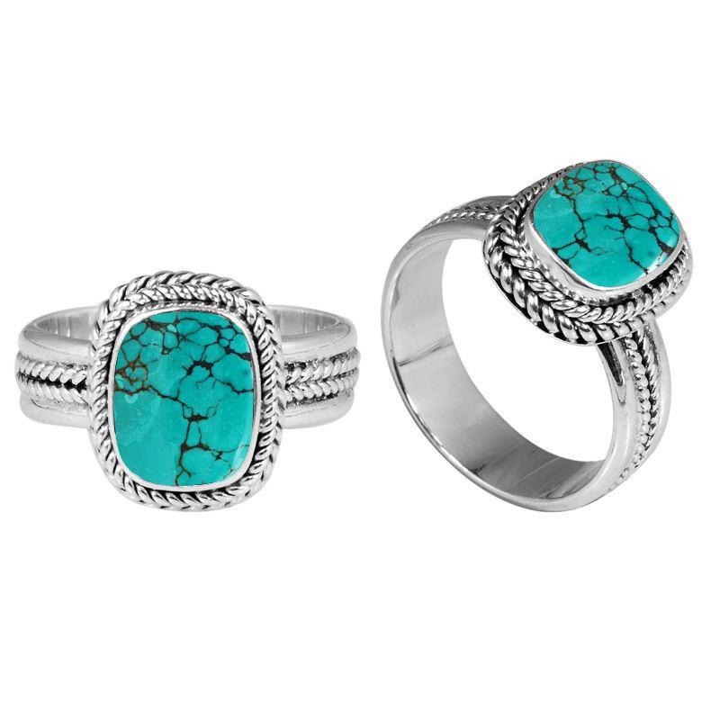 Sterling silver Turquoise Shell cushion ring with braided rope border, handcrafted wholesale jewelry from Bali