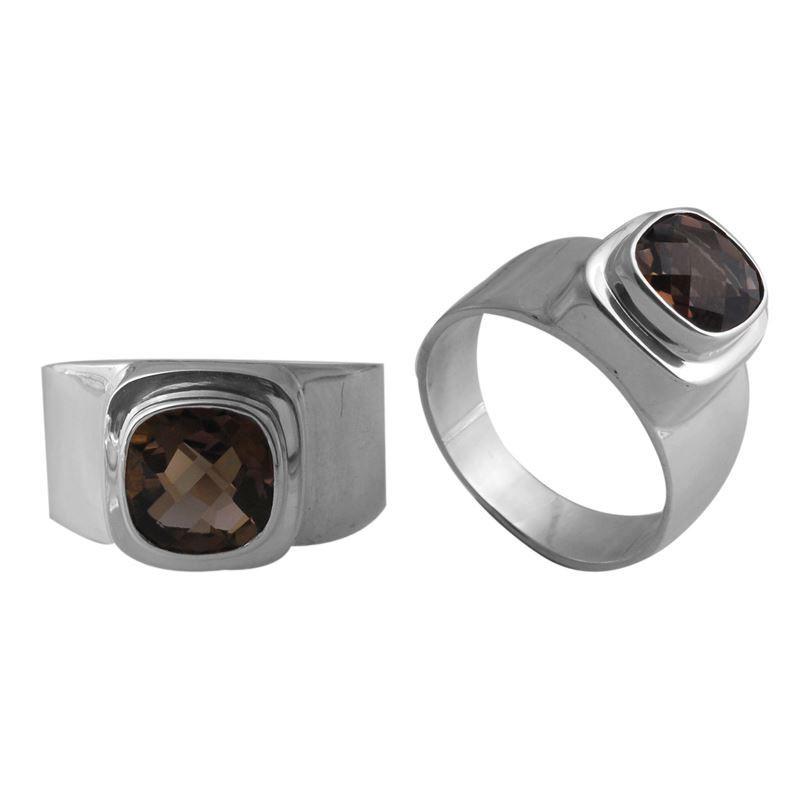 Sterling silver Smoky Topaz Quartz flat cushion ring with smooth bezel setting, handcrafted wholesale jewelry from Bali