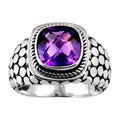 Sterling silver Amethyst Quartz cushion ring with dotted oxidized band, handcrafted wholesale jewelry from Bali