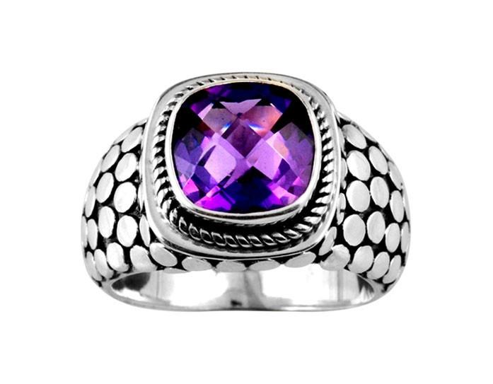Sterling silver Amethyst Quartz cushion ring with dotted oxidized band, handcrafted wholesale jewelry from Bali