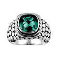 Sterling silver Green Quartz cushion ring with dotted oxidized band, handcrafted wholesale jewelry from Bali