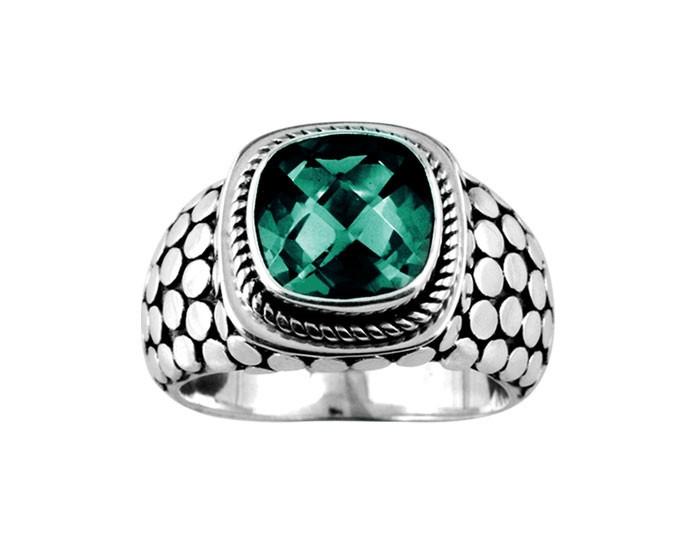 Sterling silver Green Quartz cushion ring with dotted oxidized band, handcrafted wholesale jewelry from Bali