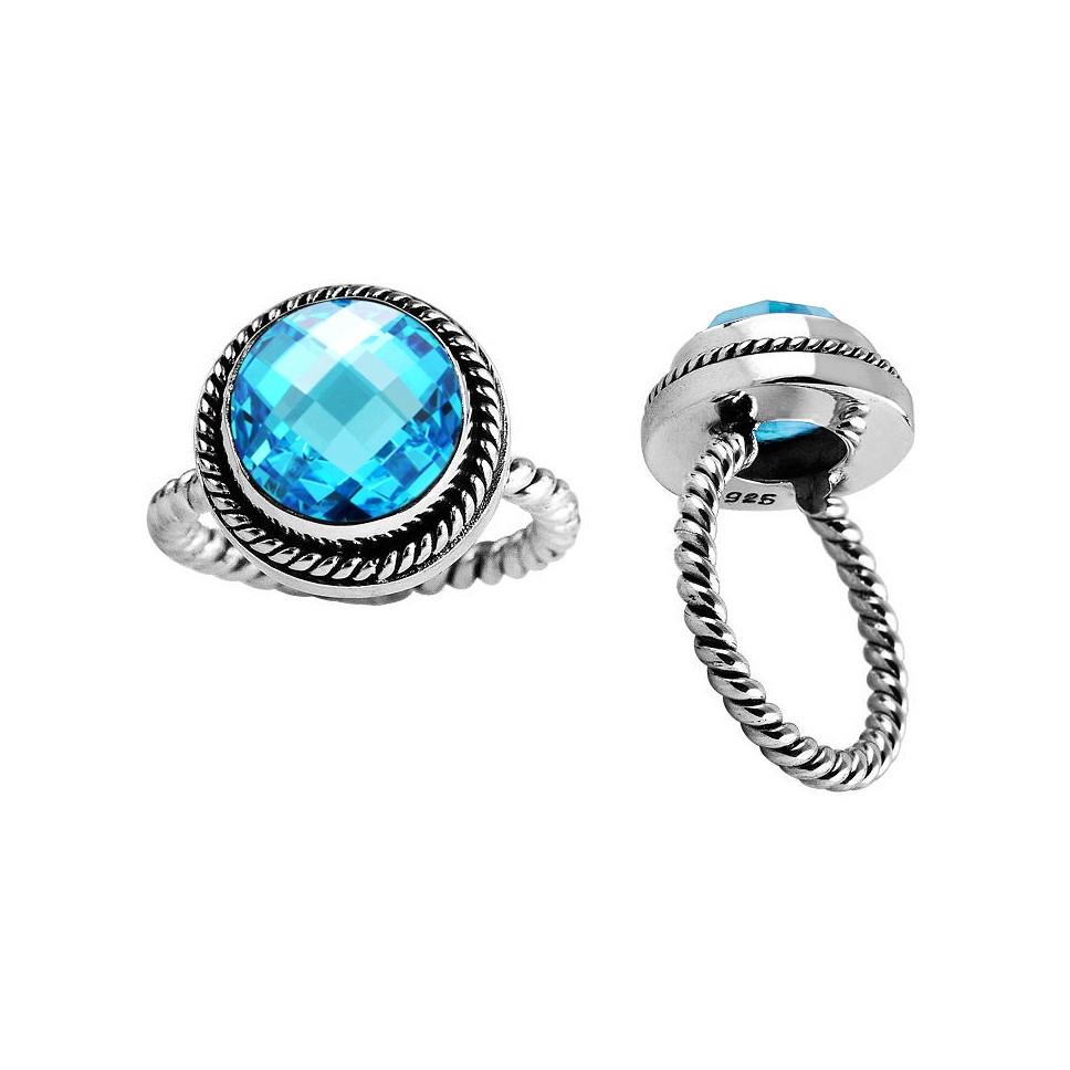 Sterling silver Blue Topaz Quartz round rope ring with oxidized border, handcrafted wholesale jewelry from Bali