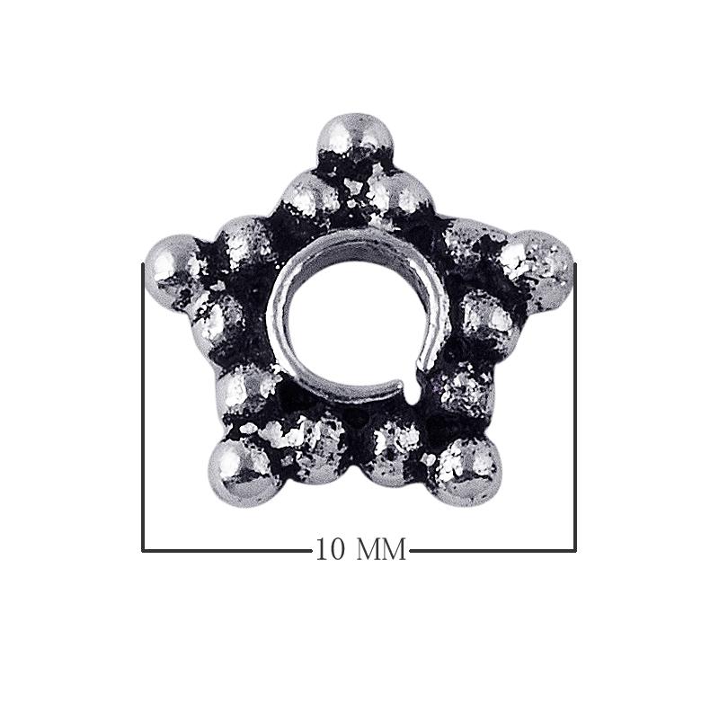 Star-shaped granulated spacer bead in silver overlay over copper with oxidized detailing and open circular center.