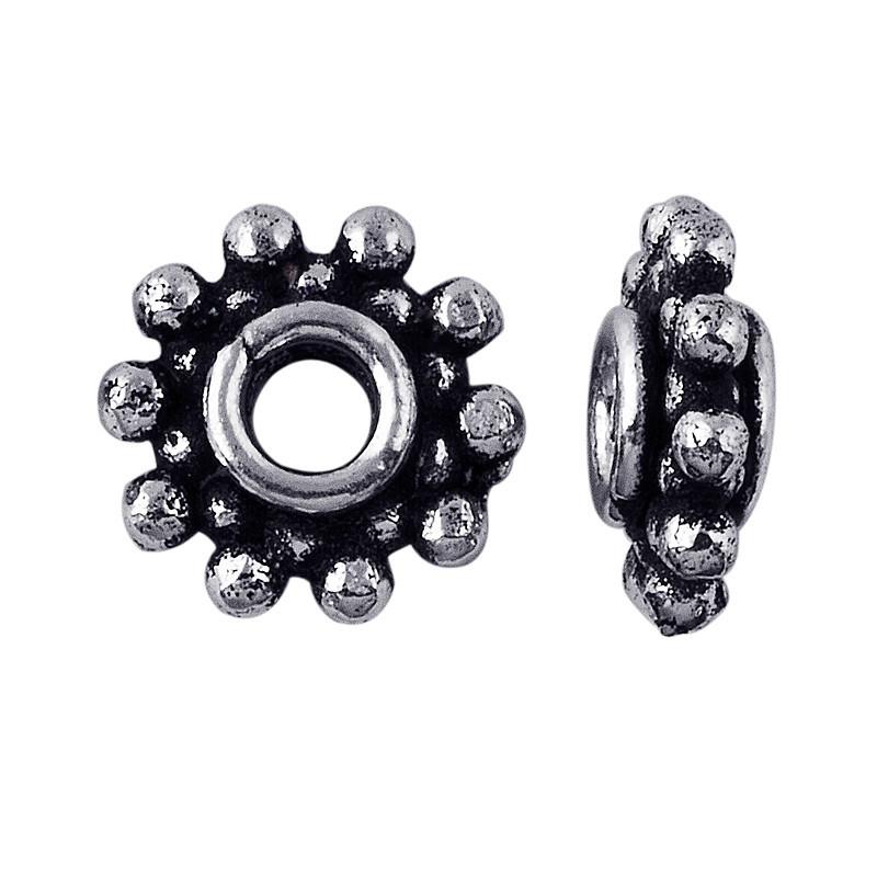 Silver overlay over copper antique floral beaded spacer jewelry component, handcrafted in India, shown in detailed view.