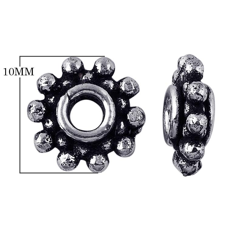 Silver overlay over copper antique floral beaded spacer jewelry component, handcrafted in India, shown in detailed view.