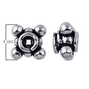 Silver Overlay Over Copper antique round beaded spacer jewelry component, handcrafted in India, shown in front and side view.
