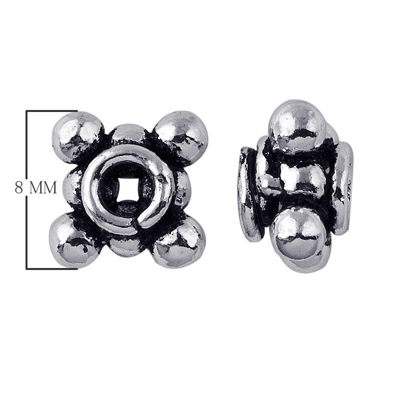 Silver Overlay Over Copper antique round beaded spacer jewelry component, handcrafted in India, shown in front and side view.