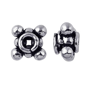 Silver Overlay Over Copper antique round beaded spacer jewelry component, handcrafted in India, shown in front and side view.