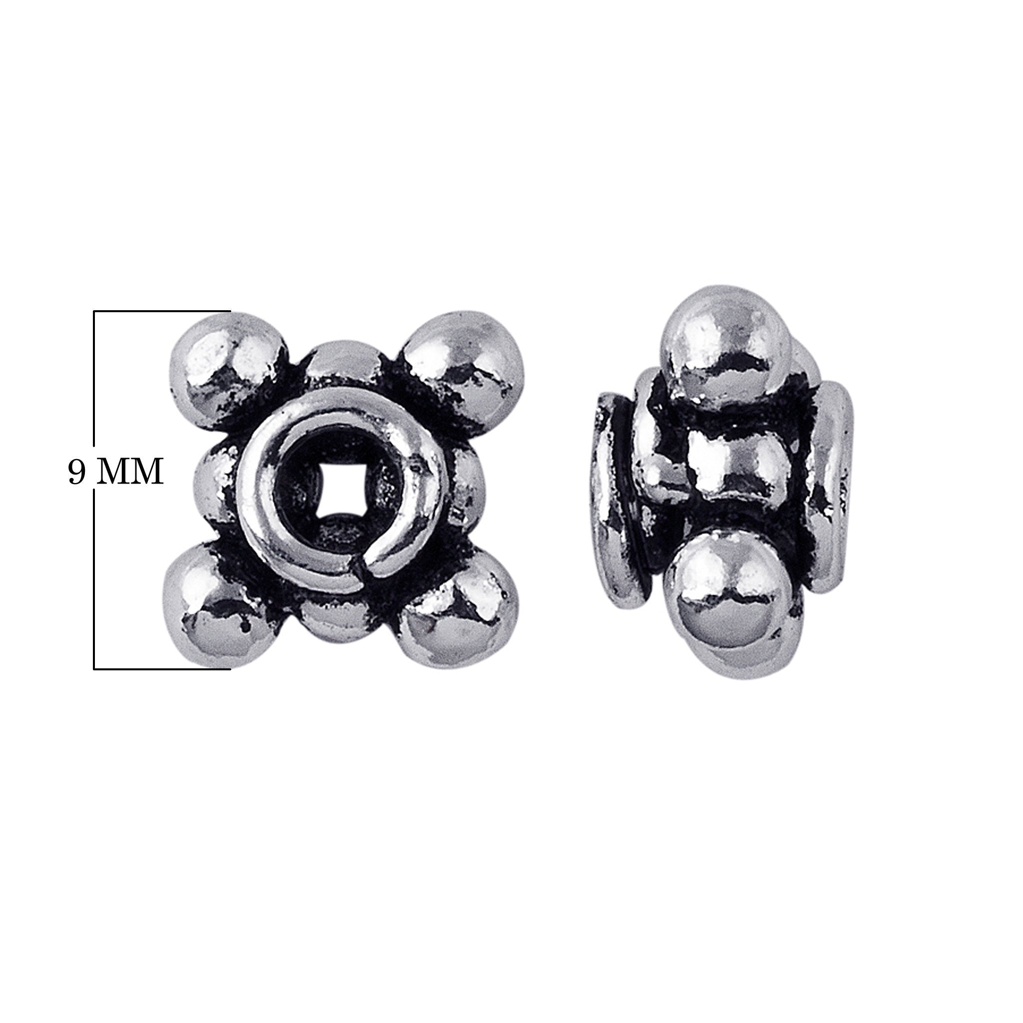 Square-petal gear-style granulated spacer bead in silver overlay over copper with oxidized detailing.