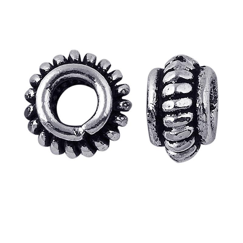 Silver Overlay Over Copper antique gear style beaded spacer jewelry component, handcrafted in India, shown in front and side view.