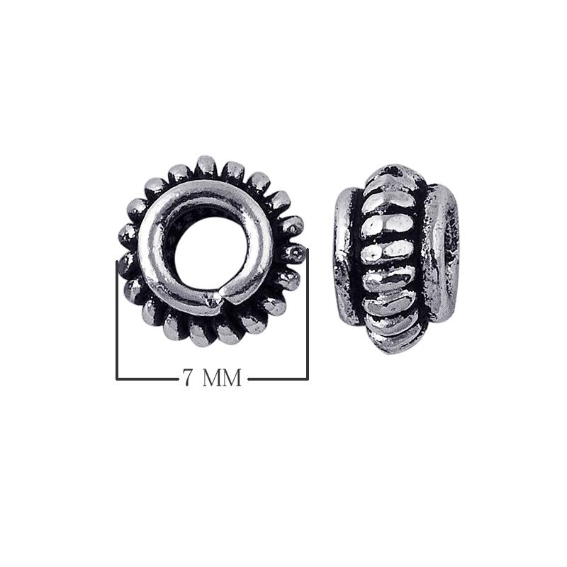 Silver Overlay Over Copper antique gear style beaded spacer jewelry component, handcrafted in India, shown in front and side view.